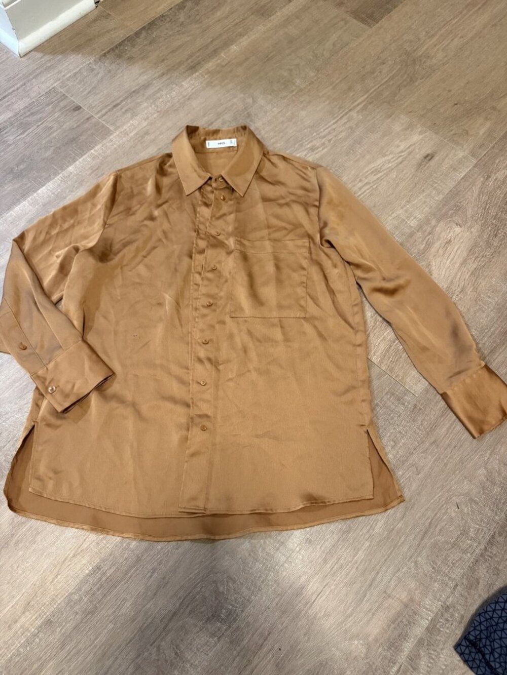 MNG (Mango) Mango Satin Button-Down Blouse Camel Brown Patch Pocket size 4